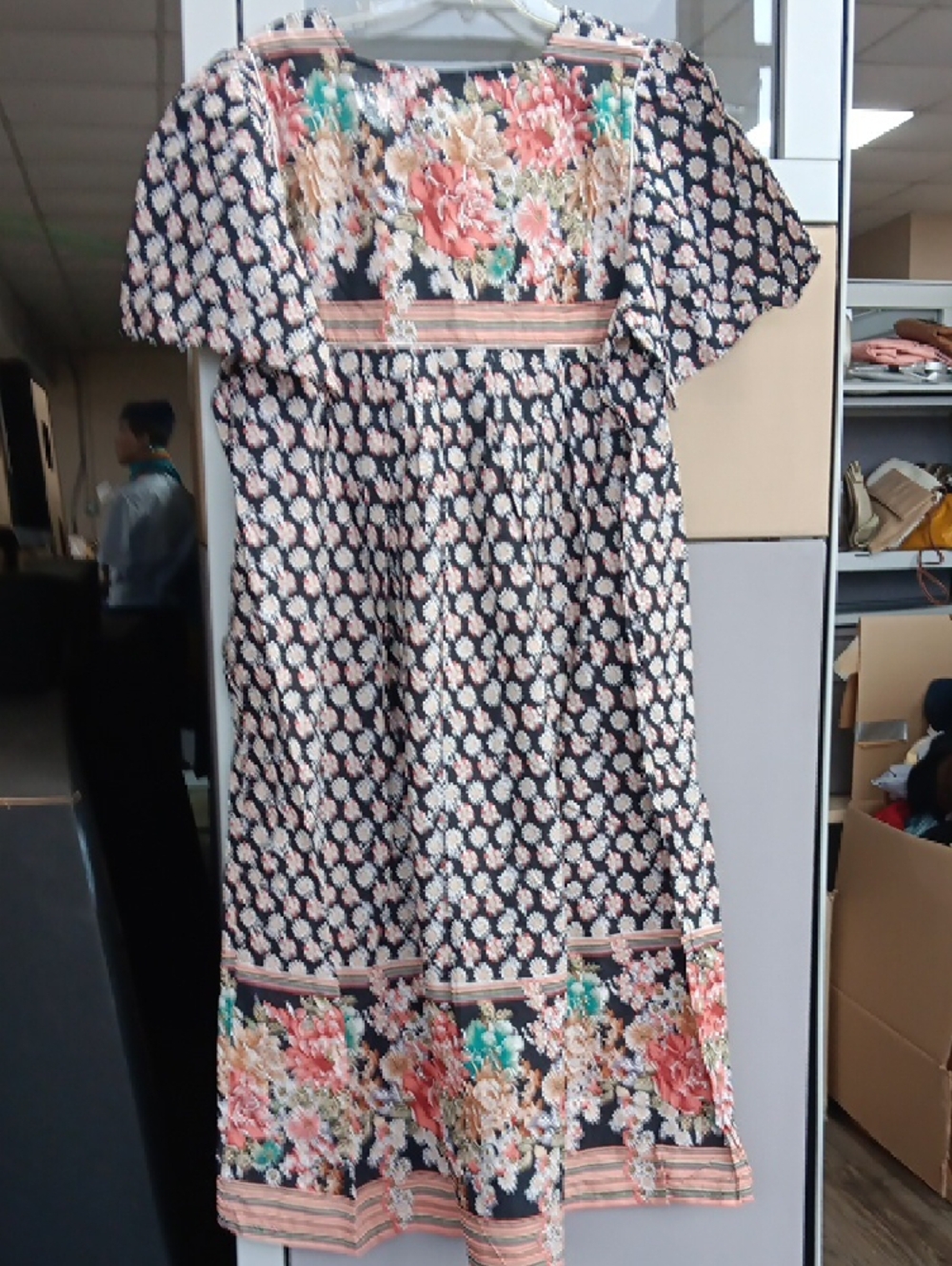 Navy Floral Midi Dress with Pink Accent Embroidery - Picture 3 of 5